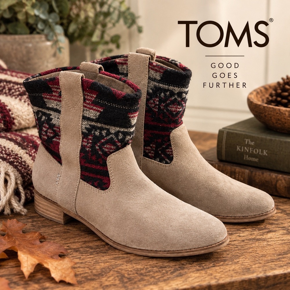 TOMS Womens Tan Suede Southwestern Woven Ankle Boots Size 9.5 Boho Fall Tribal